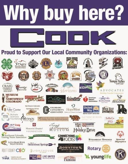 An advertisement for Cook showcasing logos of numerous supported local community organizations.