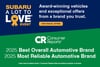 Subaru advertisement highlighting 2025 Consumer Reports awards for reliability and overall brand